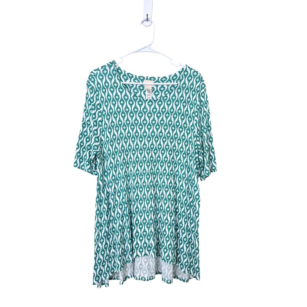 Chico's Top Size 3 Short Sleeve Packable Tunic Summer White Blue Green Swing